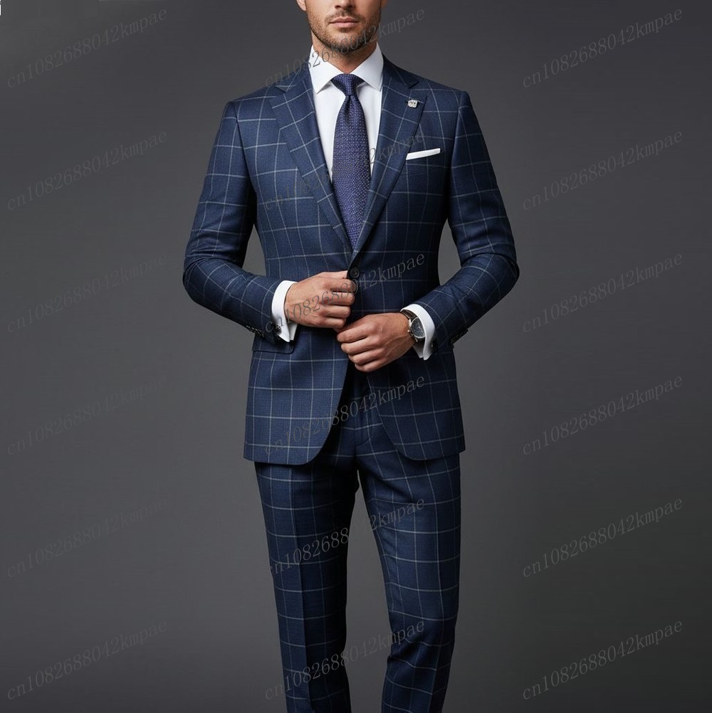 Men'S Grooming Jacket - Setelan Jas Pria Kotak-kotak Biru Dongker